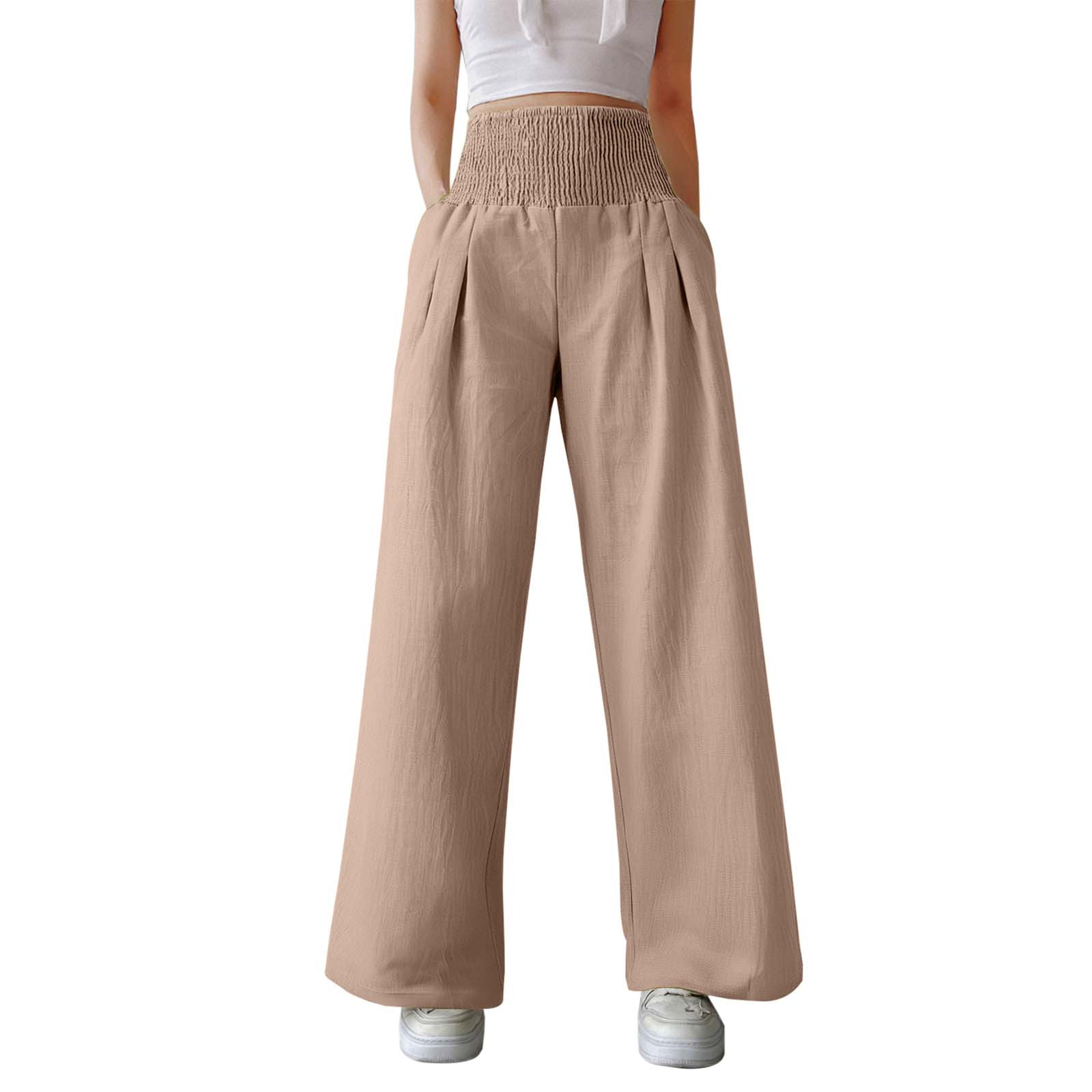 thumbnail image 1 of Pantalones anchos de cintura alta para mujer: elásticos, de color liso, con bolsillos y cinturón, para llevar a diario de forma informal. Tallas: M-XXXL., 1 of 5